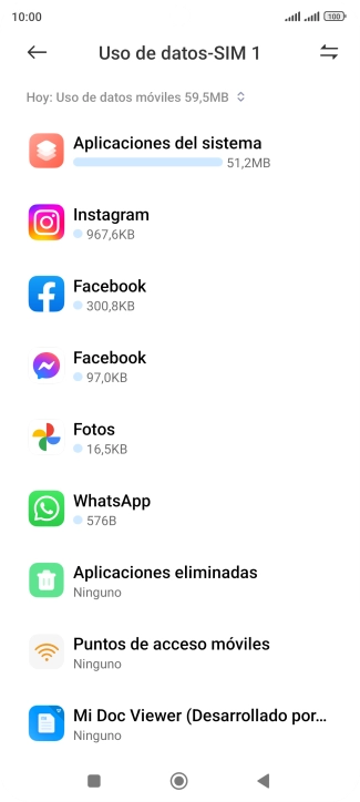 El consumo de datos por cada aplicación aparece bajo el nombre de la aplicación.