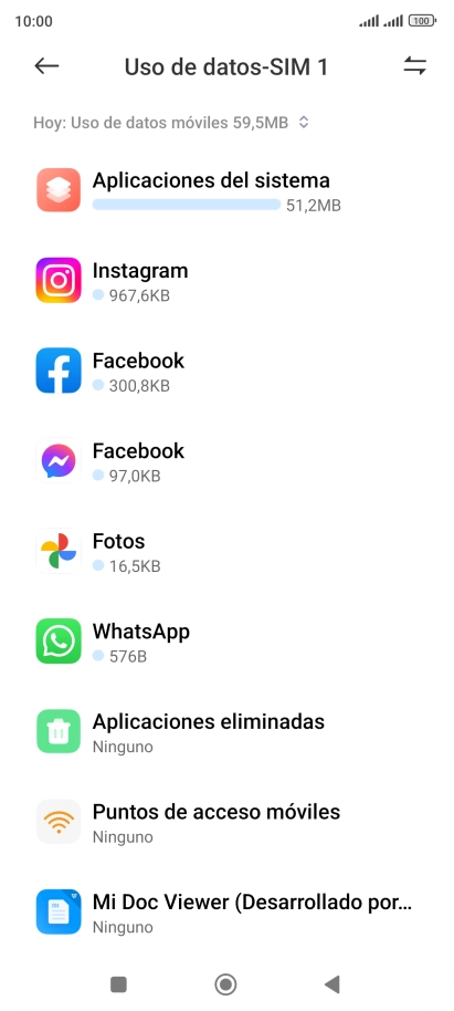 El consumo de datos por cada aplicación aparece bajo el nombre de la aplicación.