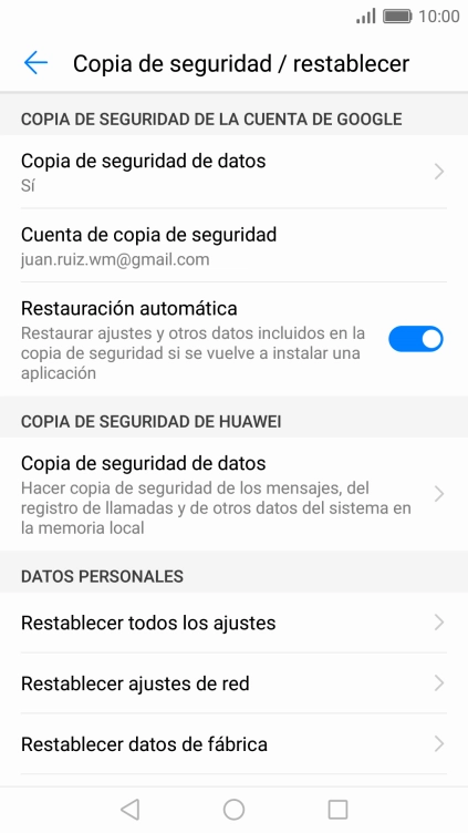 Pulsa Restablecer datos de fábrica.