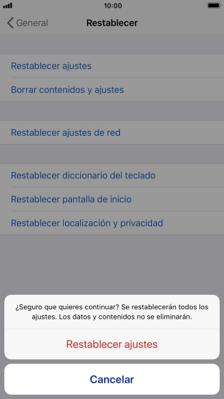 Pulsa Restablecer ajustes. Espera unos instantes mientras el teléfono restablece la configuración predeterminada. Sigue las indicaciones de la pantalla para configurar el teléfono y dejarlo listo para su uso.