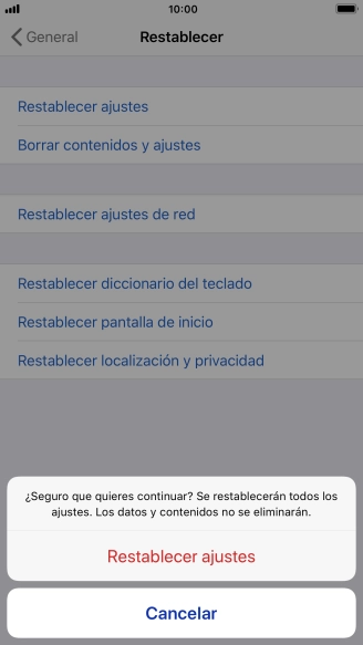 Pulsa Restablecer ajustes. Espera unos instantes mientras el teléfono restablece la configuración predeterminada. Sigue las indicaciones de la pantalla para configurar el teléfono y dejarlo listo para su uso.