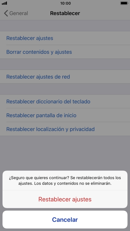 Pulsa Restablecer ajustes. Espera unos instantes mientras el teléfono restablece la configuración predeterminada. Sigue las indicaciones de la pantalla para configurar el teléfono y dejarlo listo para su uso.
