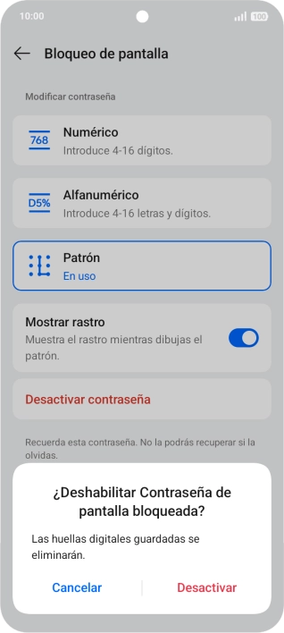 Pulsa Desactivar e introduce el código de seguridad extra que has creado anteriormente.