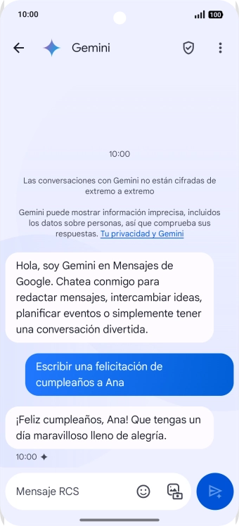 La propuesta de texto de Gemini se visualiza ahora en la pantalla.