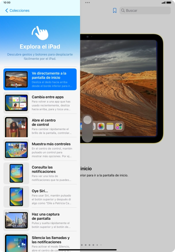 Desliza el dedo hacia arriba desde la parte inferior de la pantalla para terminar y volver a la pantalla de inicio. Desliza el dedo hacia arriba desde la parte inferior de la pantalla para terminar y volver a la pantalla de inicio.