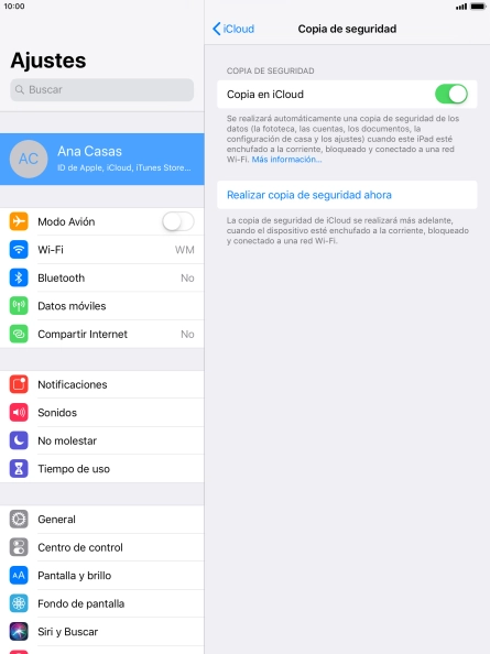 Pulsa Realizar copia de seguridad ahora y espera mientras se hace una copia de seguridad del contenido de la memoria de la tablet.
