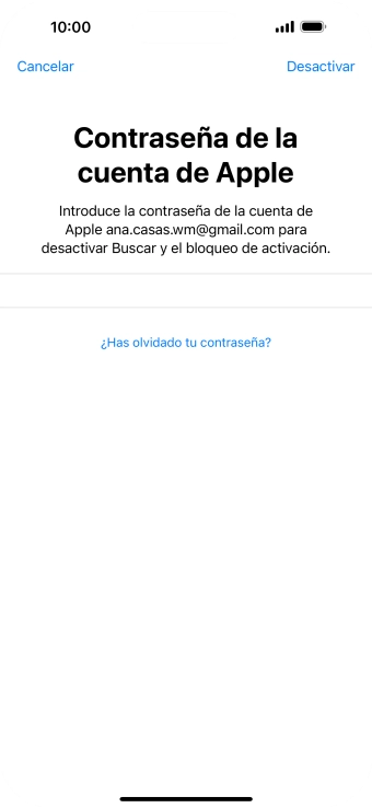 Introduce la contraseña de tu ID de Apple y pulsa Desactivar. Espera unos instantes mientras el teléfono restablece la configuración predeterminada. Sigue las indicaciones de la pantalla para configurar el teléfono y dejarlo listo para su uso.