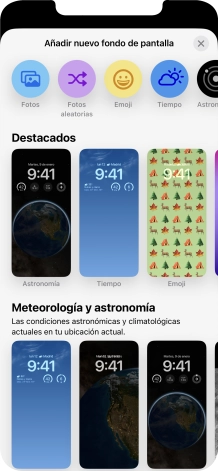 Pulsa una categoría y sigue las indicaciones de la pantalla para seleccionar la imagen de fondo deseada. Pulsa una categoría y sigue las indicaciones de la pantalla para seleccionar la imagen de fondo deseada.
