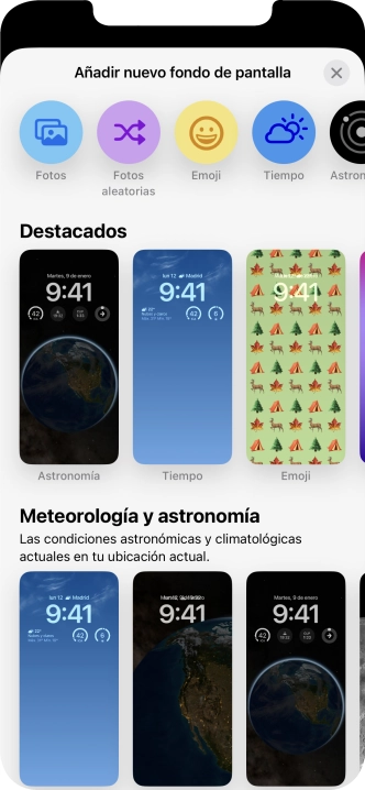 Pulsa una categoría y sigue las indicaciones de la pantalla para seleccionar la imagen de fondo deseada. Pulsa una categoría y sigue las indicaciones de la pantalla para seleccionar la imagen de fondo deseada.
