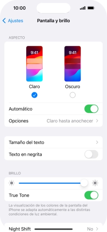 Si activas la función, pulsa Opciones y sigue las indicaciones de la pantalla para seleccionar el período de tiempo que debe durar el Modo Oscuro.