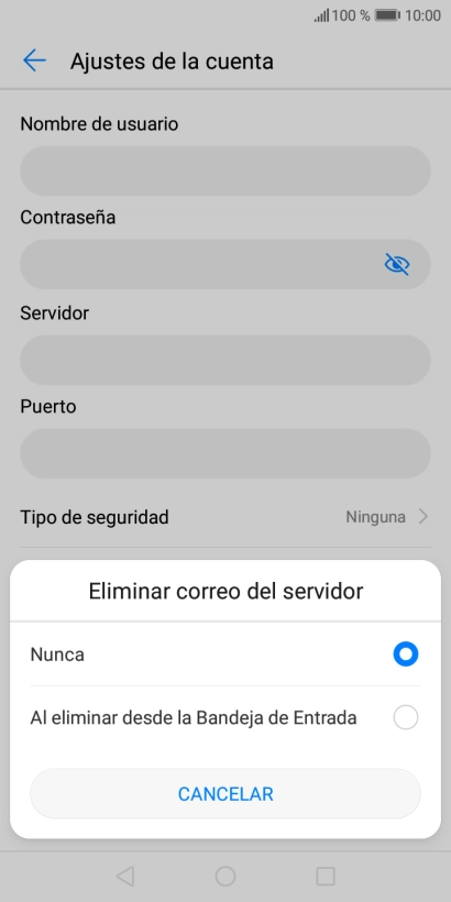 Pulsa Nunca para conservar los correos electrónicos en el servidor cuando los borras del teléfono.