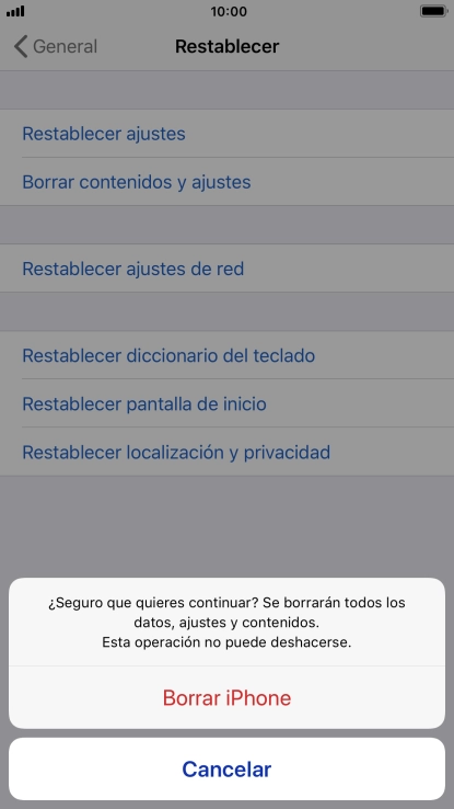 Pulsa Borrar iPhone. Espera unos instantes mientras el teléfono restablece la configuración predeterminada. Sigue las indicaciones de la pantalla para configurar el teléfono y dejarlo listo para su uso.