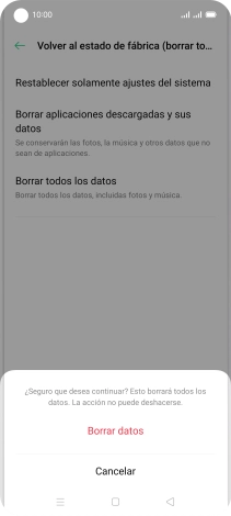 Pulsa Borrar datos. Espera unos instantes mientras el teléfono restablece la configuración predeterminada. Sigue las indicaciones de la pantalla para configurar el teléfono y dejarlo listo para su uso.