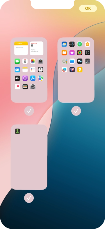 Pulsa en los campos bajo las páginas deseadas de la pantalla de inicio para activar o desactivar la visualización de páginas.