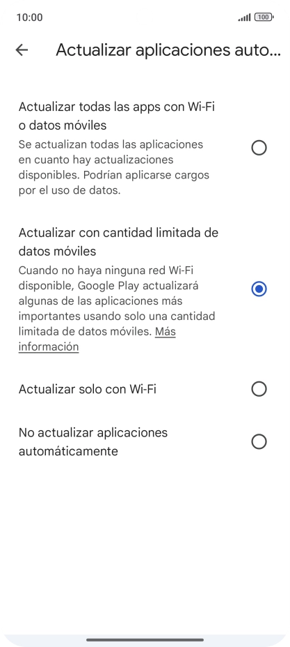 Para activar la actualización automática de apps a través de la red móvil, pulsa el campo junto a 