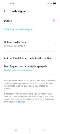 Pulsa el icono de eliminar junto a la huella digital que deseas borrar.