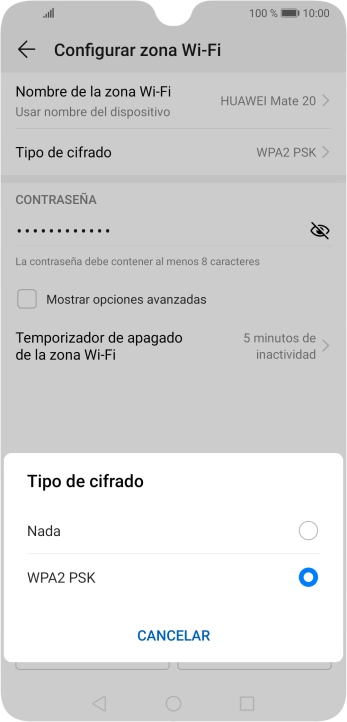 Pulsa WPA2 PSK para proteger la conexión wifi con una contraseña.