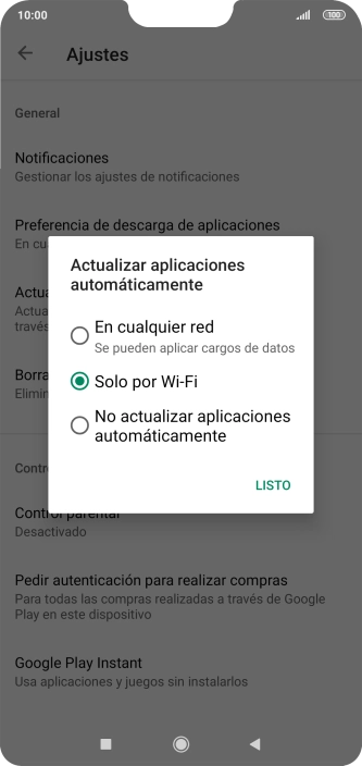 Para activar la actualización automática de apps utilizando la red móvil, pulsa En cualquier red.