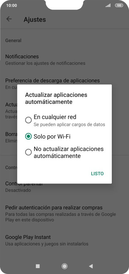 Para activar la actualización automática de apps utilizando la red móvil, pulsa En cualquier red.