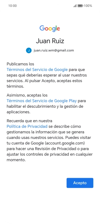 Pulsa Acepto y sigue las indicaciones de la pantalla para seleccionar los ajustes de tu cuenta de Google.
