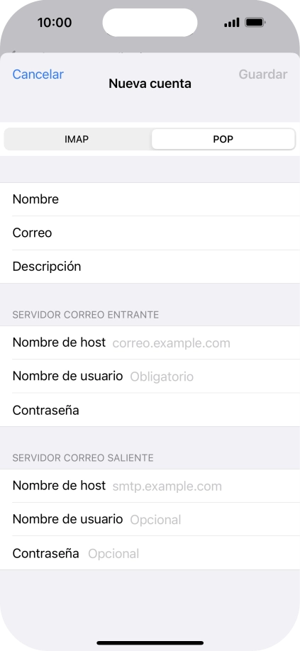 Pulsa Nombre de host e introduce el nombre del servidor de correo de entrada de tu proveedor de correo electrónico.