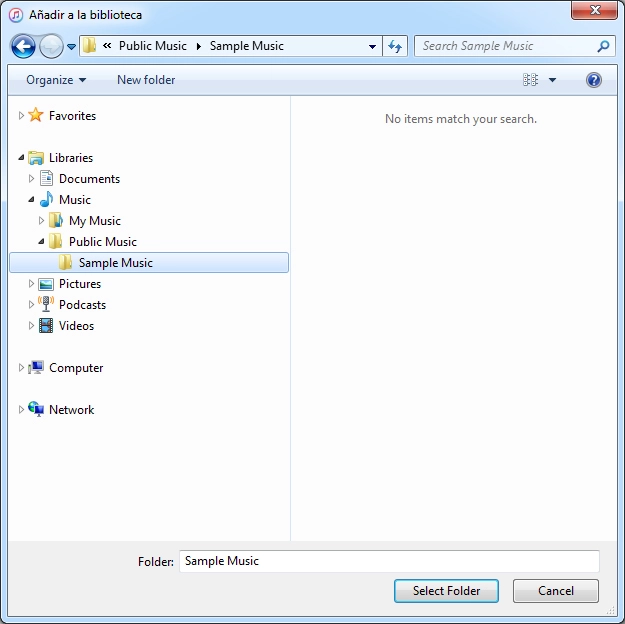 Desplázate al archivo o la carpeta deseados en el sistema de archivos del ordenador y sigue las instrucciones de la pantalla para añadir un archivo o una carpeta a la biblioteca de iTunes.