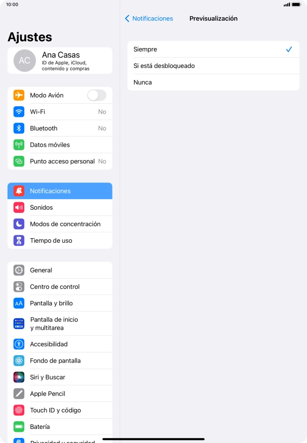Para seleccionar la vista previa de las notificaciones en la pantalla de bloqueo, pulsa Siempre. Para seleccionar la vista previa de las notificaciones en la pantalla de bloqueo, pulsa Siempre.