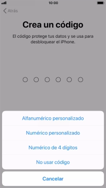 Sigue las indicaciones de la pantalla para activar el uso del código de seguridad o pulsa No usar código.