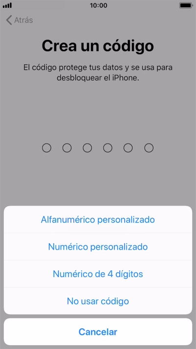 Sigue las indicaciones de la pantalla para activar el uso del código de seguridad o pulsa No usar código.