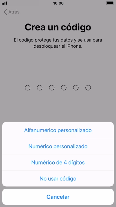 Sigue las indicaciones de la pantalla para activar el uso del código de seguridad o pulsa No usar código.