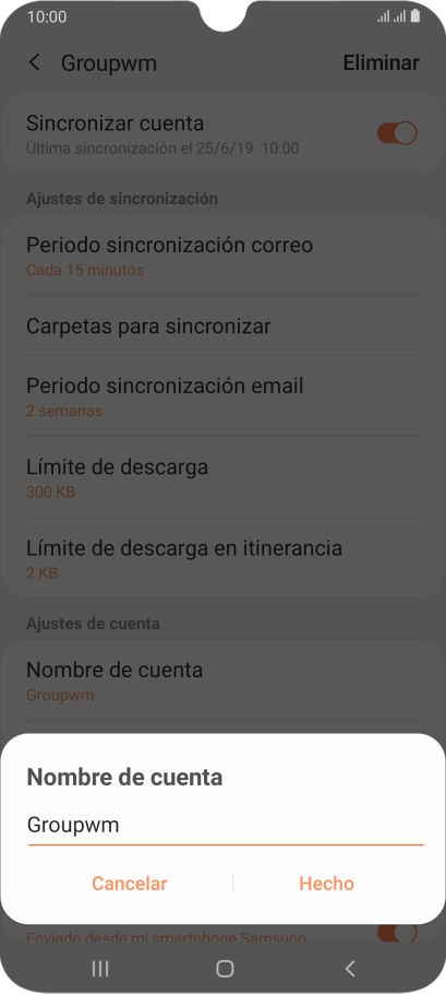 Introduce el nombre deseado de la cuenta de correo electrónico y pulsa Hecho.