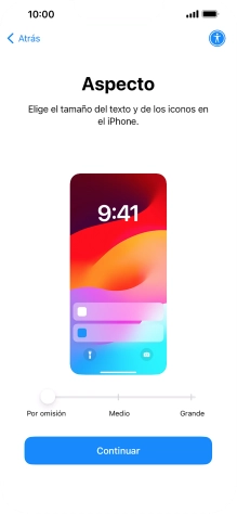 Selecciona el tamaño de letra y de los iconos que debe tener el teléfono y pulsa Continuar.