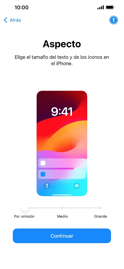 Selecciona el tamaño de letra y de los iconos que debe tener el teléfono y pulsa Continuar.