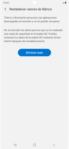 Pulsa Eliminar todo. Espera unos instantes mientras el teléfono restablece la configuración predeterminada. Sigue las indicaciones de la pantalla para configurar el teléfono y dejarlo listo para su uso.