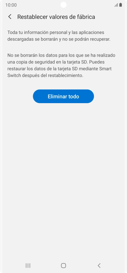 Pulsa Eliminar todo. Espera unos instantes mientras el teléfono restablece la configuración predeterminada. Sigue las indicaciones de la pantalla para configurar el teléfono y dejarlo listo para su uso.