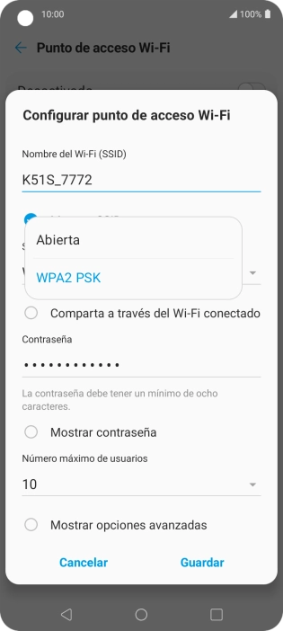 Pulsa WPA2 PSK para proteger la conexión wifi con una contraseña.