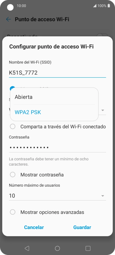 Pulsa WPA2 PSK para proteger la conexión wifi con una contraseña.