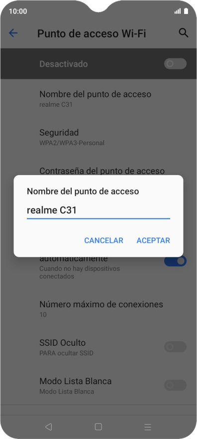 Introduce el nombre deseado de la conexión Wi-Fi y pulsa ACEPTAR.