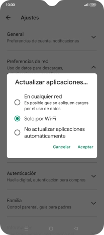 Para activar la actualización automática de apps utilizando la red móvil, pulsa En cualquier red.