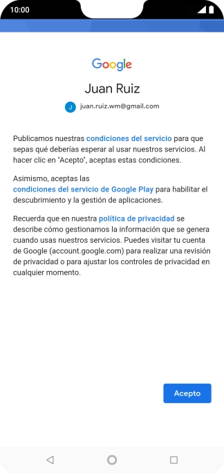 Pulsa Acepto y sigue las indicaciones de la pantalla para seleccionar los ajustes de tu cuenta de Google.