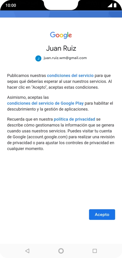 Pulsa Acepto y sigue las indicaciones de la pantalla para seleccionar los ajustes de tu cuenta de Google.