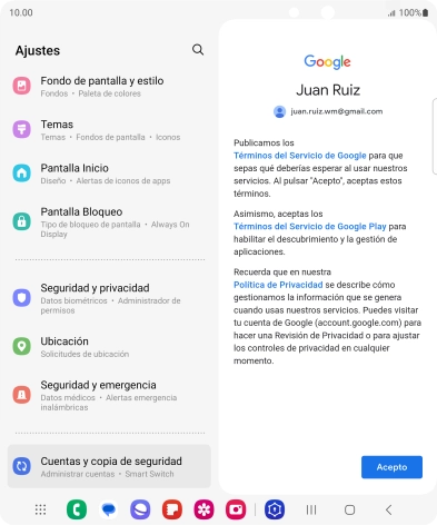 Pulsa Acepto y sigue las indicaciones de la pantalla para seleccionar los ajustes de tu cuenta de Google.