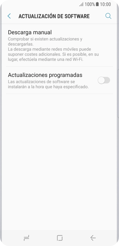 Pulsa Descarga manual. Si hay una versión de software nueva disponible, aparecerá ahora en la pantalla. Sigue las indicaciones de la pantalla para actualizar el software del teléfono.