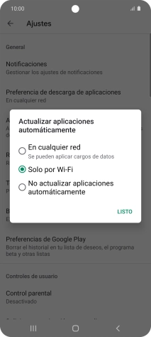 Para activar la actualización automática de apps utilizando la red móvil, pulsa En cualquier red.