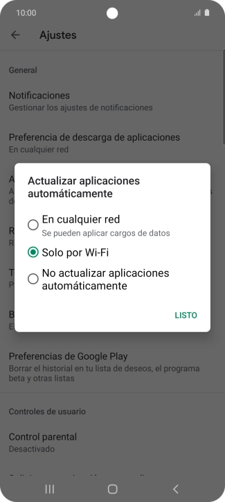 Para activar la actualización automática de apps utilizando la red móvil, pulsa En cualquier red.