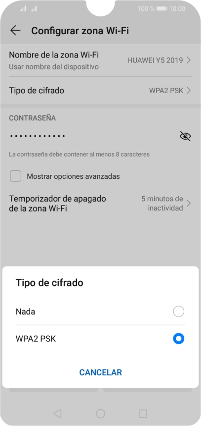 Pulsa WPA2 PSK para proteger la conexión wifi con una contraseña.