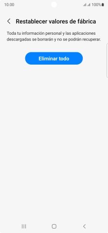 Pulsa Eliminar todo. Espera unos instantes mientras el teléfono restablece la configuración predeterminada. Sigue las indicaciones de la pantalla para configurar el teléfono y dejarlo listo para su uso.