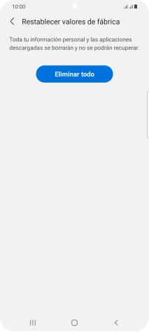 Pulsa Eliminar todo. Espera unos instantes mientras el teléfono restablece la configuración predeterminada. Sigue las indicaciones de la pantalla para configurar el teléfono y dejarlo listo para su uso.