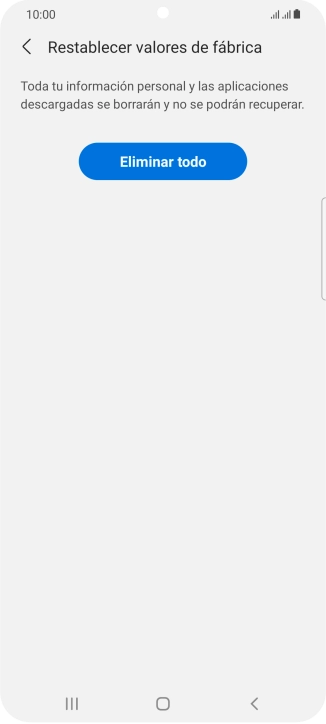 Pulsa Eliminar todo. Espera unos instantes mientras el teléfono restablece la configuración predeterminada. Sigue las indicaciones de la pantalla para configurar el teléfono y dejarlo listo para su uso.