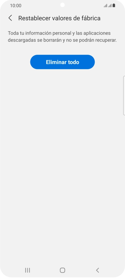 Pulsa Eliminar todo. Espera unos instantes mientras el teléfono restablece la configuración predeterminada. Sigue las indicaciones de la pantalla para configurar el teléfono y dejarlo listo para su uso.